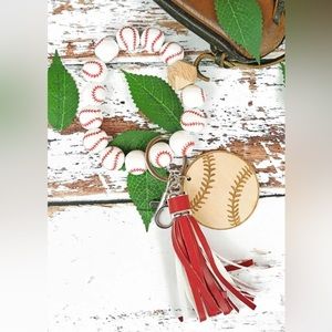 Wood disk baseball beaded bracelet keychain
